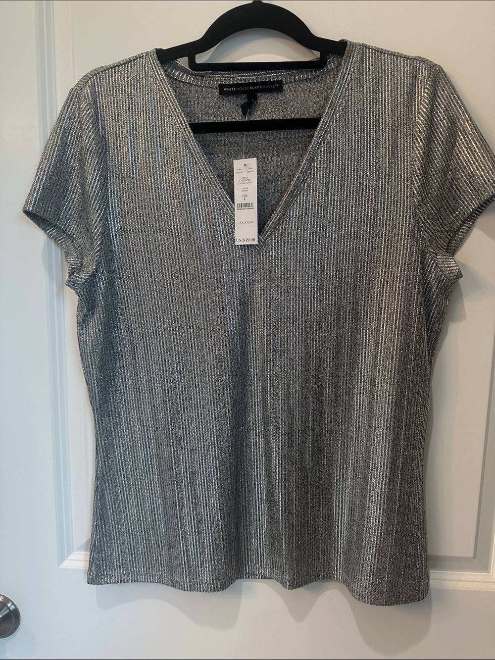 White House Black Market Metallic Silver Ribbed V-Neck Tee